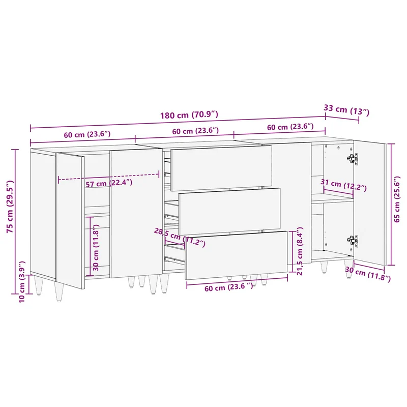 Storage Cabinets 3 pcs 180 x 33 x 75 cm Solid Mango Wood