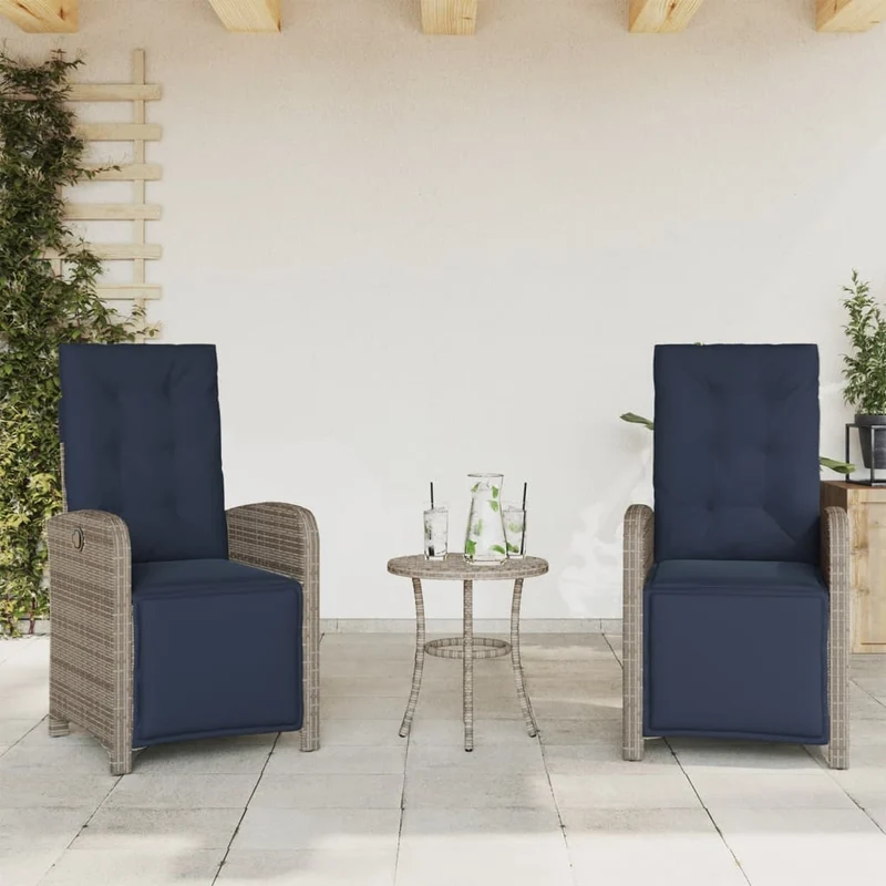 3 Piece Bistro Set with Cushions Grey Poly Rattan