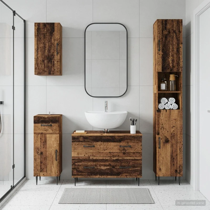 4 Piece Bathroom Cabinet Set HAARLEM Old Wood Engineered Wood