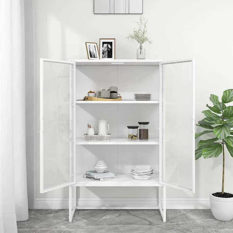 Highboard White 80x35x135 cm Steel and Tempered Glass