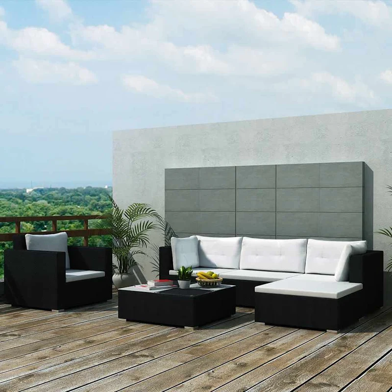 42743 vidaXL 6 Piece Garden Lounge Set with Cushions Poly Rattan Black