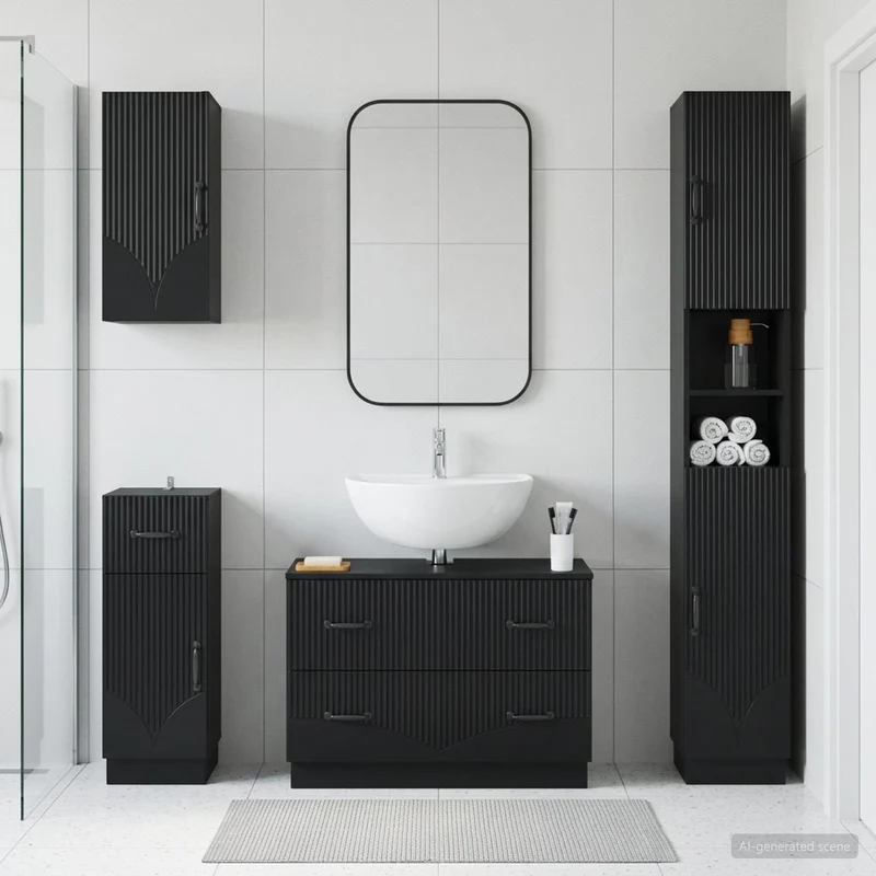 4 Piece Bathroom Cabinet Set HOORN Black Engineered Wood