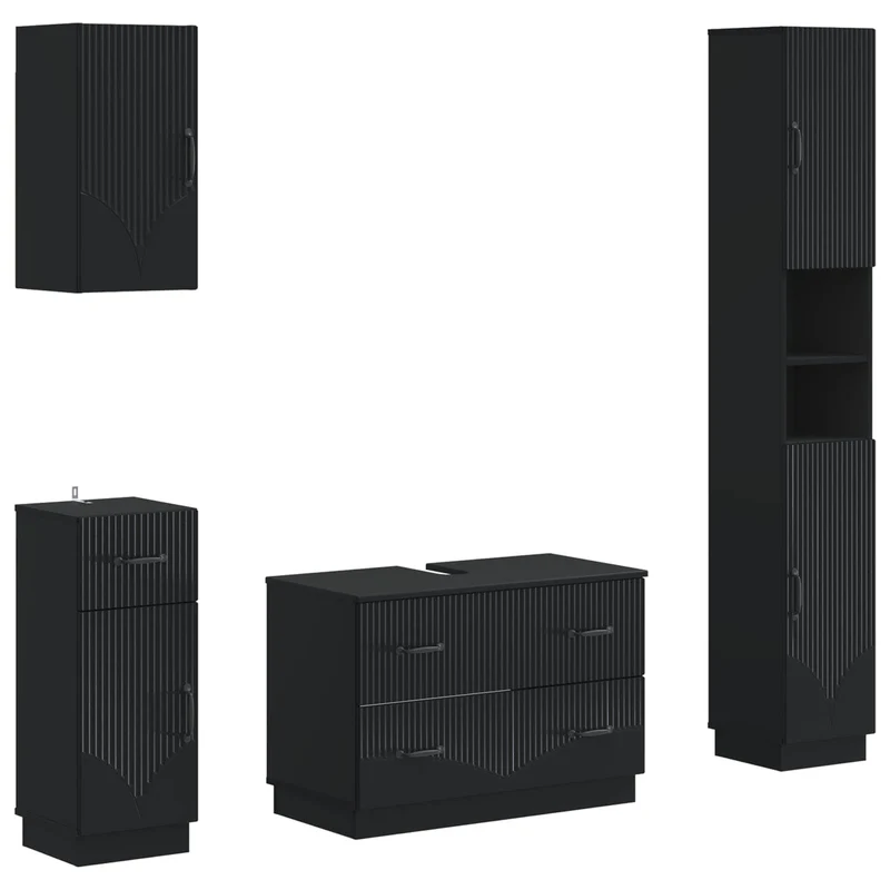4 Piece Bathroom Cabinet Set HOORN Black Engineered Wood