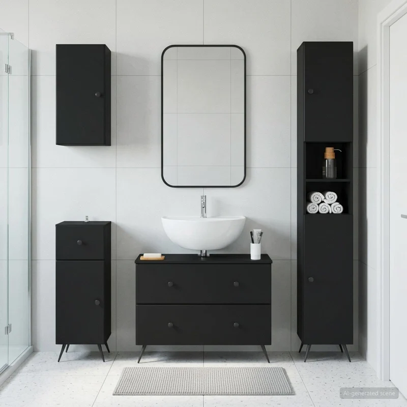 4 Piece Bathroom Cabinet Set BREDA Black Engineered Wood