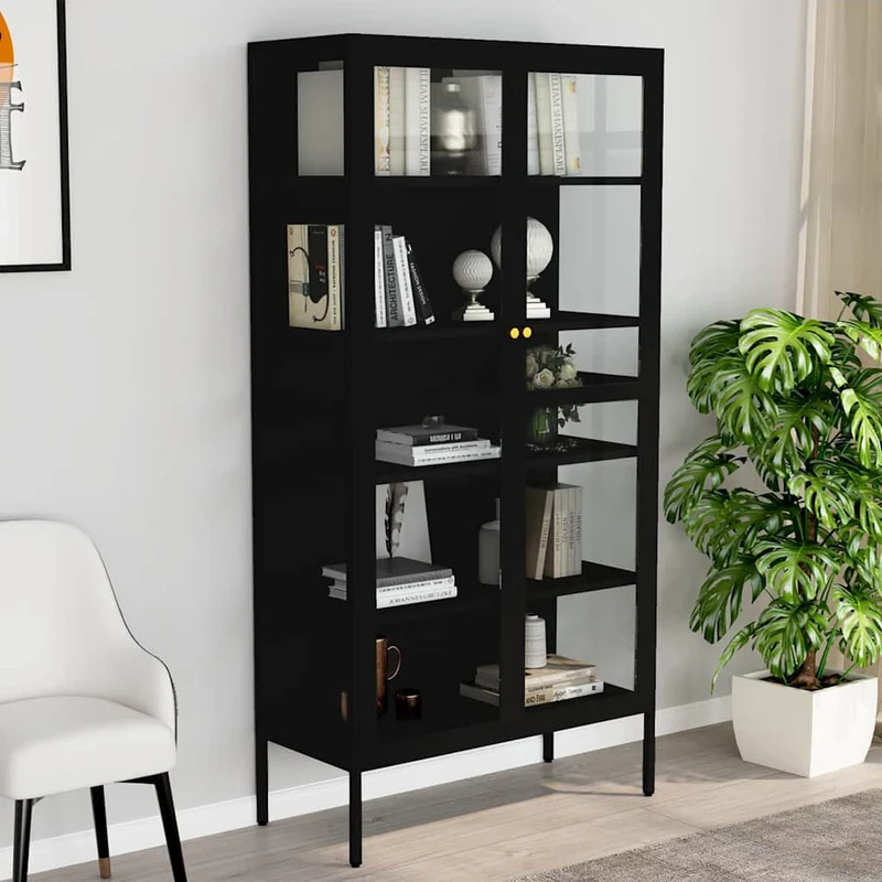 336079 vidaXL Display Cabinet Black 90x40x180 cm Steel and Tempered Glass