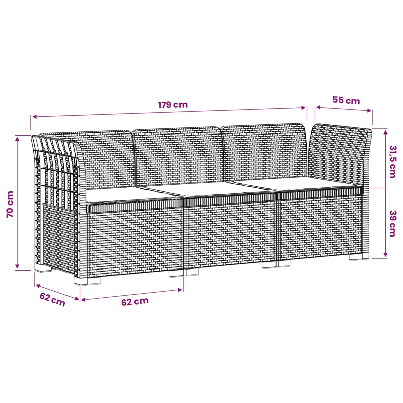 3-Seater Garden Sofa with Cushions Rattan Look PP Brown
