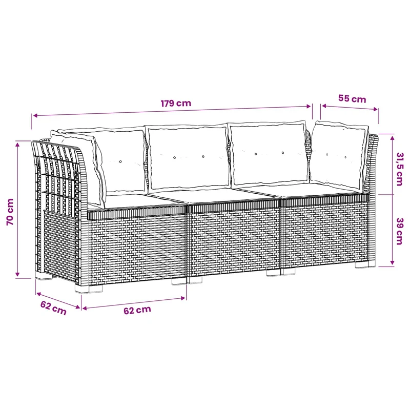 3-Seater Garden Sofa with Cushions Rattan Look PP Anthracite