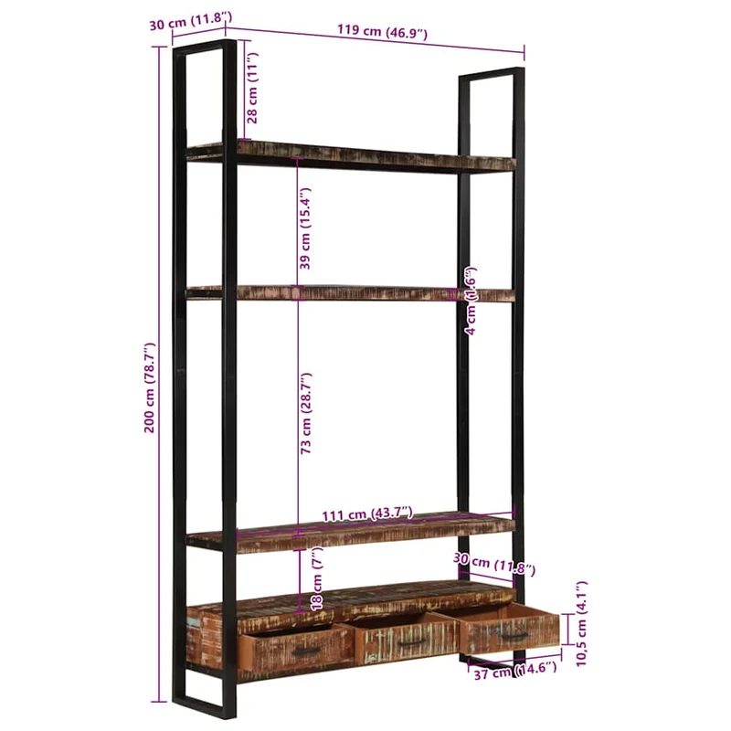 321054 vidaXL Bookshelf 118x30x200 cm Solid Reclaimed Wood