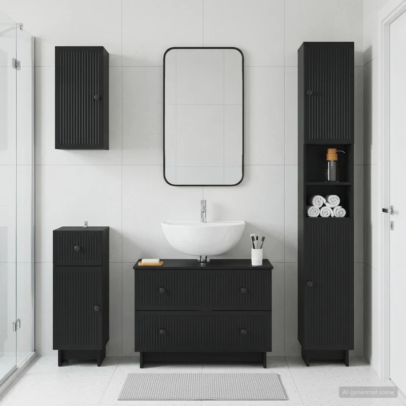 4 Piece Bathroom Cabinet Set EDE Black Engineered Wood