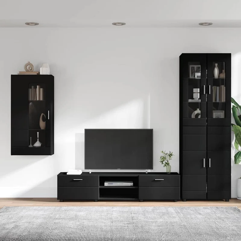 TV Cabinet Set FLORIN 3 pcs Black Engineered Wood