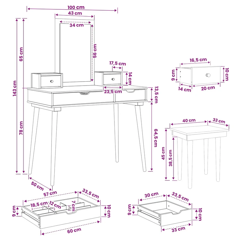 Dressing Table Set FAUSKE 5 pcs White 100 x 50 x 143 cm