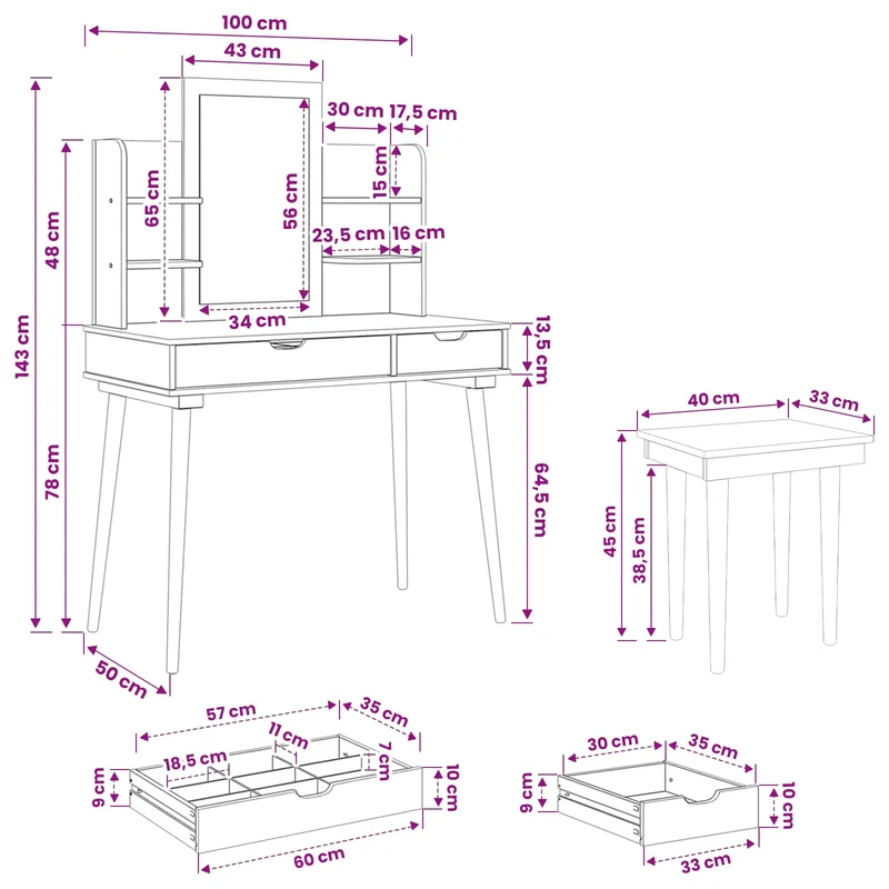 Dressing Table Set FAUSKE 5 pcs White 100 x 50 x 143 cm