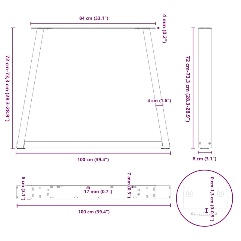 Dining Table Legs V-Shape 3 pcs Natural Steel 100x(72-73,3) cm Steel