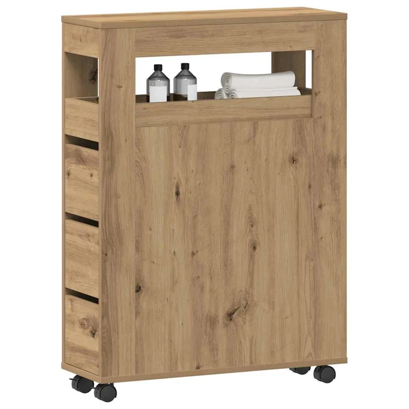 Narrow Bathroom Cabinet with Wheels Artisian Oak Engineered Wood