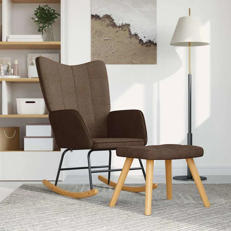Rocking Chair with a Stool Brown Fabric