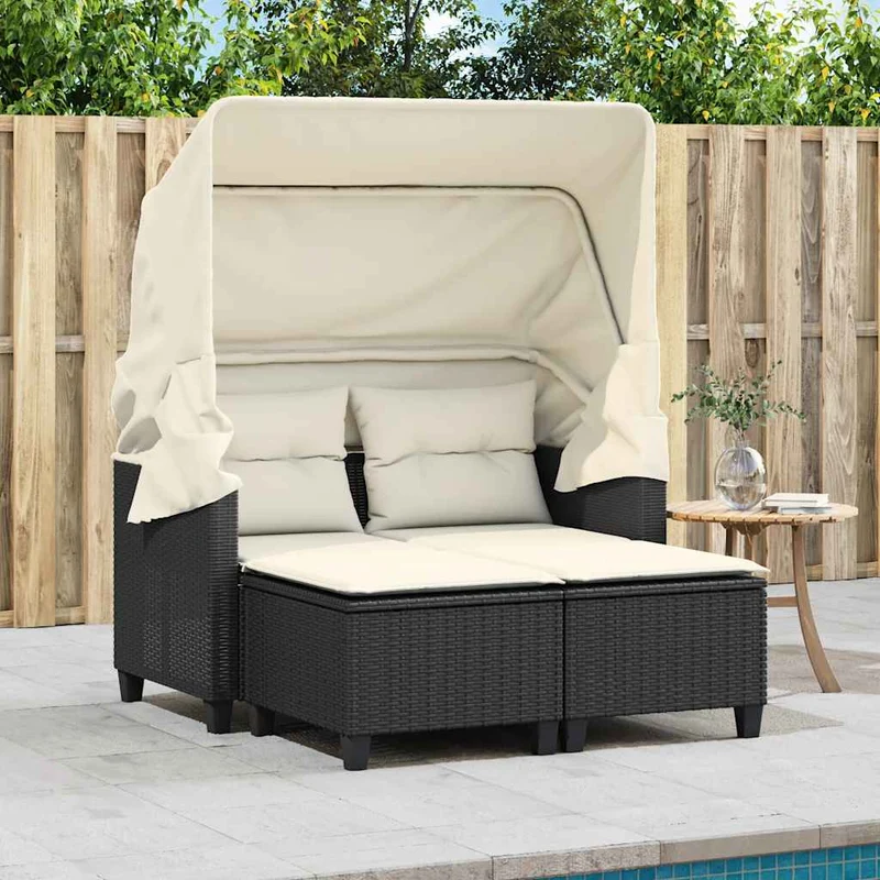 Garden Sofa 2-Seater with Canopy and Stools Black Poly Rattan