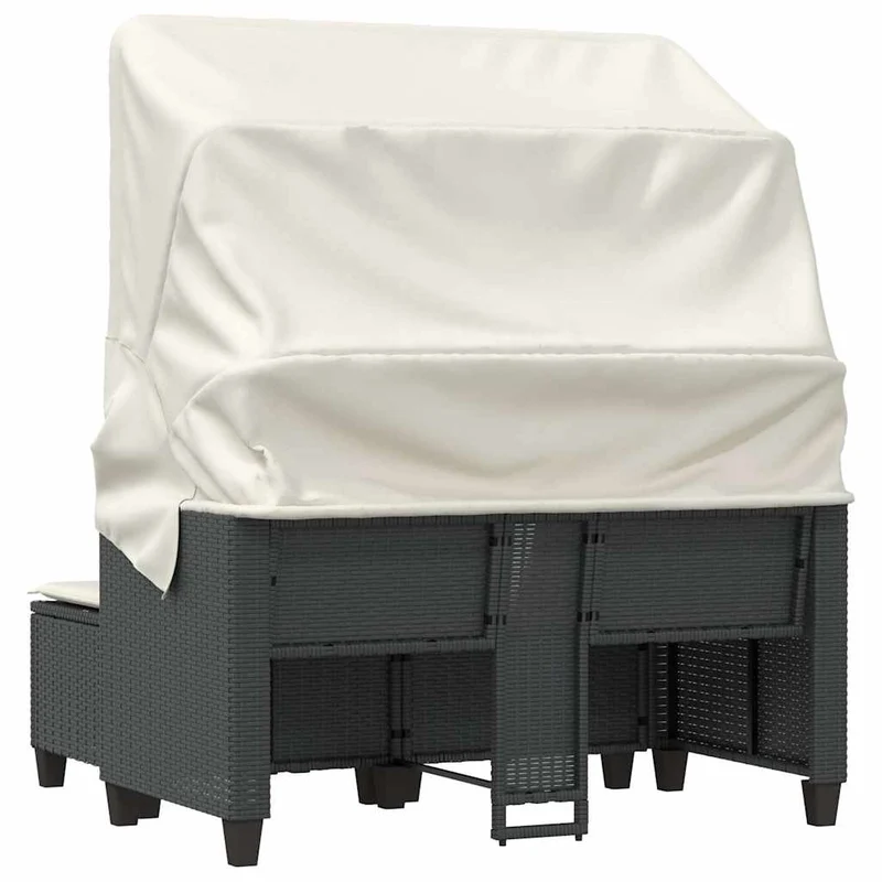 Garden Sofa 2-Seater with Canopy and Stools Black Poly Rattan