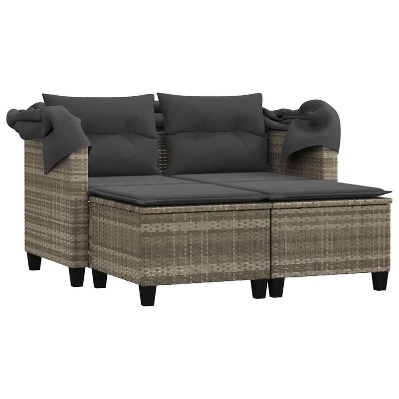 Garden Sofa 2-Seater with Canopy&Stools Light Grey Poly Rattan
