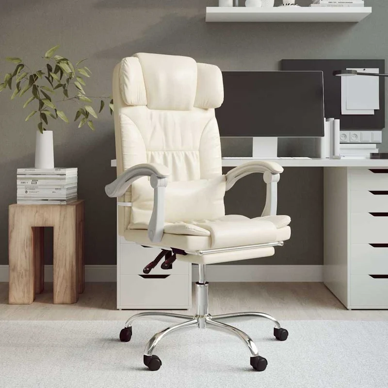 Reclining Office Chair Cream Faux Leather