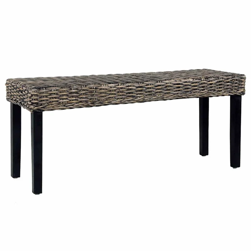285790 vidaXL Bench 110 cm Black Natural Kubu Rattan and Solid Mahogany Wood