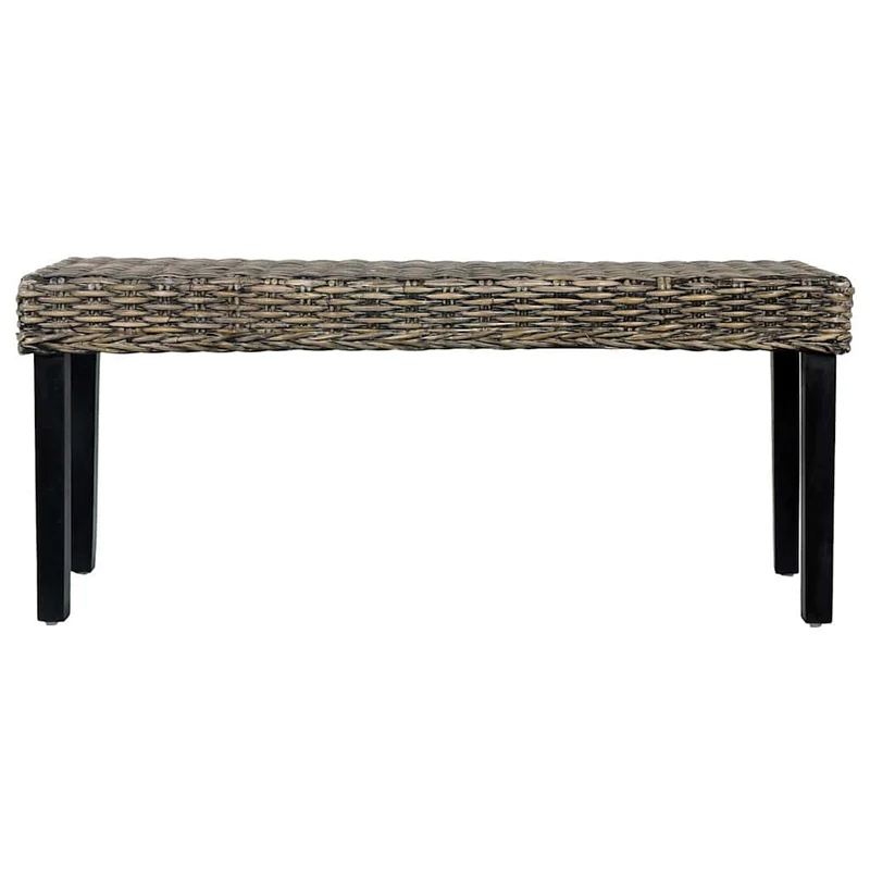 285790 vidaXL Bench 110 cm Black Natural Kubu Rattan and Solid Mahogany Wood