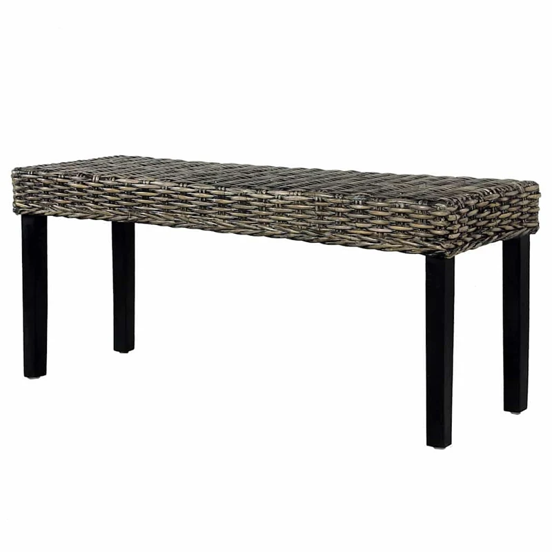 285790 vidaXL Bench 110 cm Black Natural Kubu Rattan and Solid Mahogany Wood