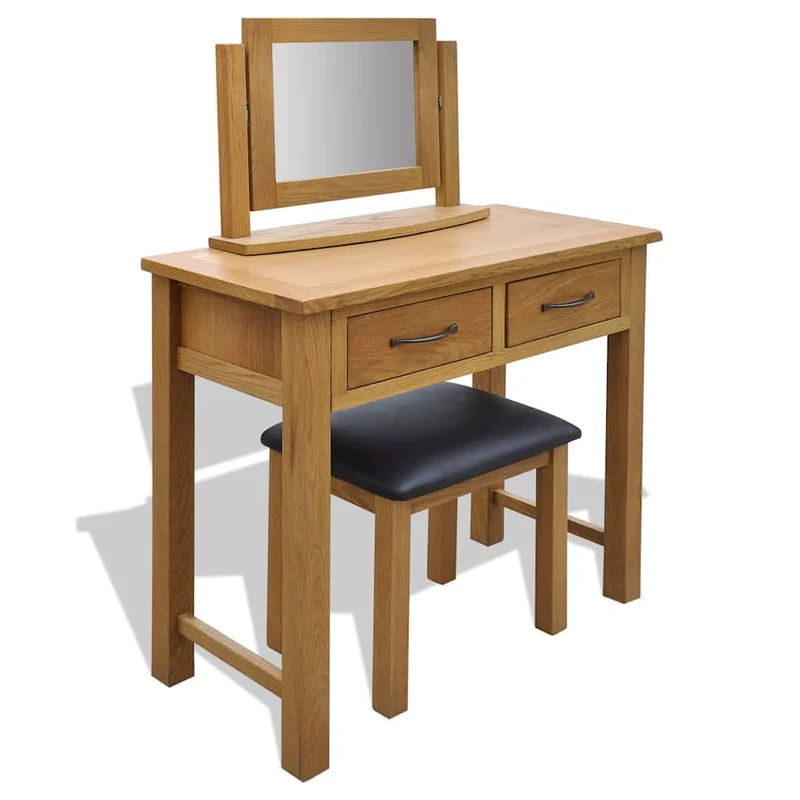 242742 vidaXL Dressing Table with Stool Solid Oak Wood