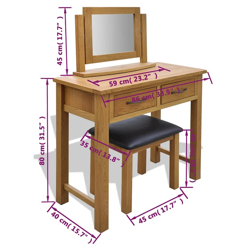 242742 vidaXL Dressing Table with Stool Solid Oak Wood