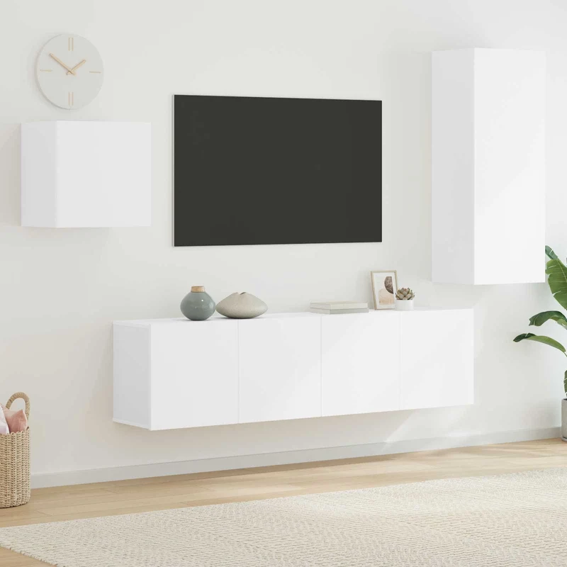 4 Piece TV Wall Units White Engineered Wood