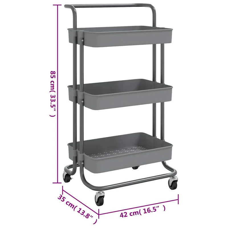 336337 vidaXL 3-Tier Kitchen Trolley Grey 42x35x85 cm Iron and ABS
