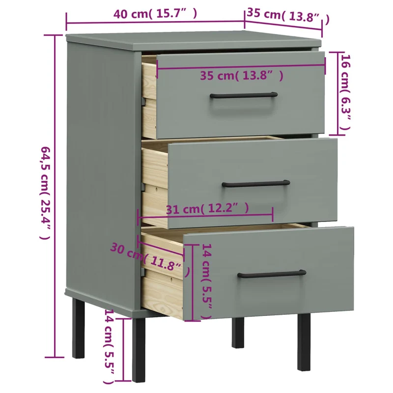 Bedside Cabinet with Metal Legs Grey Solid Wood Pine "OSLO