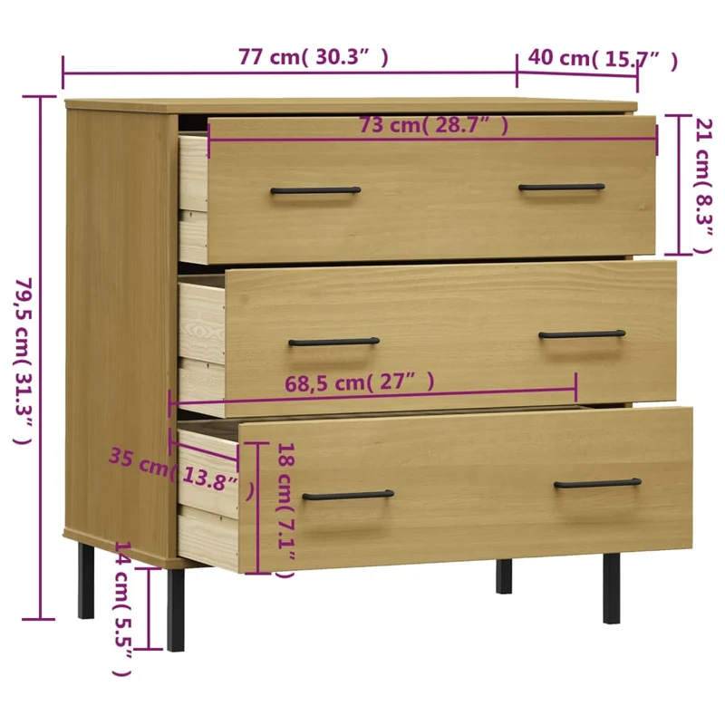 Sideboard with 3 Drawers Brown 77x40x79,5 cm Solid Wood "OSLO