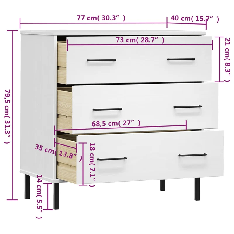 Sideboard with 3 Drawers White 77x40x79,5 cm Solid Wood "OSLO