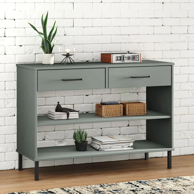 Console Cabinet with Metal Legs Grey Solid Wood Pine "OSLO