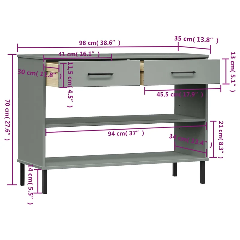 Console Cabinet with Metal Legs Grey Solid Wood Pine "OSLO