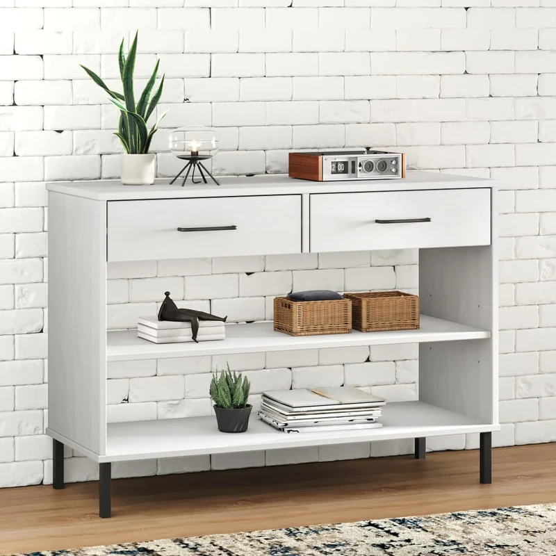Console Cabinet with Metal Legs White Solid Wood Pine "OSLO