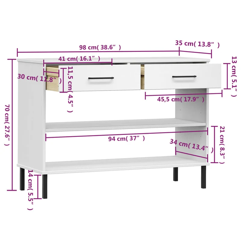 Console Cabinet with Metal Legs White Solid Wood Pine "OSLO