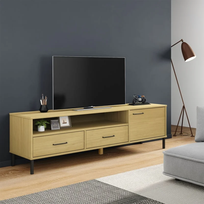 TV Cabinet with Metal Legs Brown Solid Wood Pine "OSLO