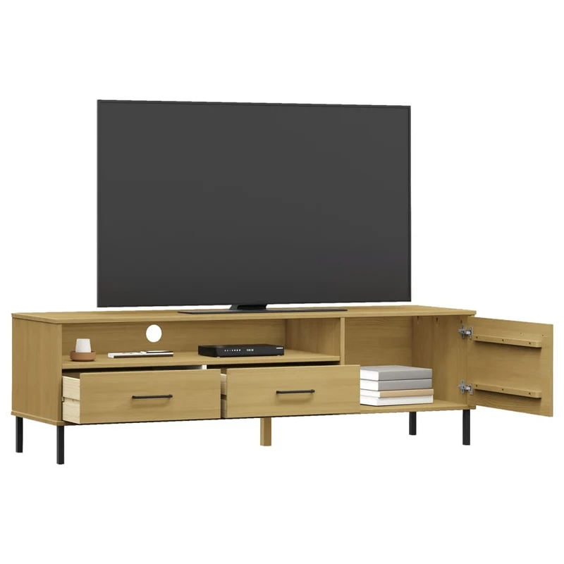 TV Cabinet with Metal Legs Brown Solid Wood Pine "OSLO