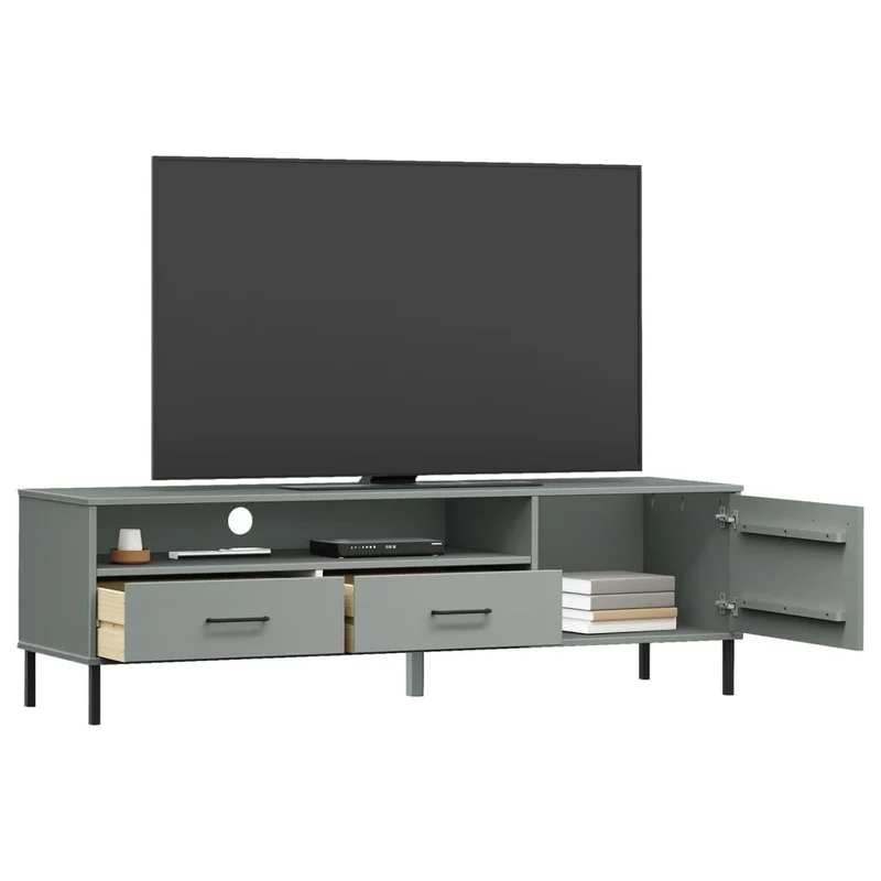 TV Cabinet with Metal Legs Grey Solid Wood Pine "OSLO