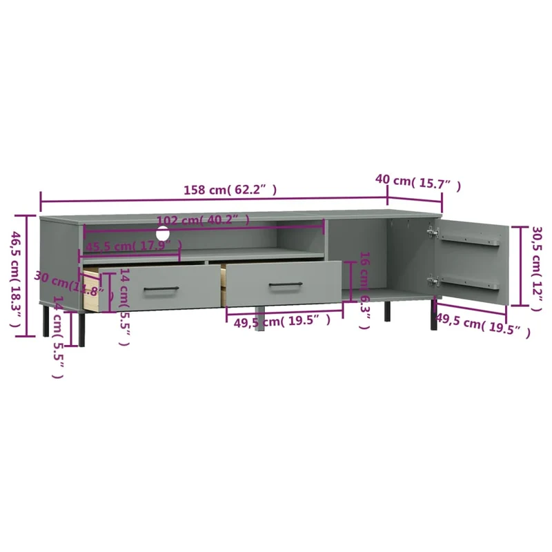 TV Cabinet with Metal Legs Grey Solid Wood Pine "OSLO
