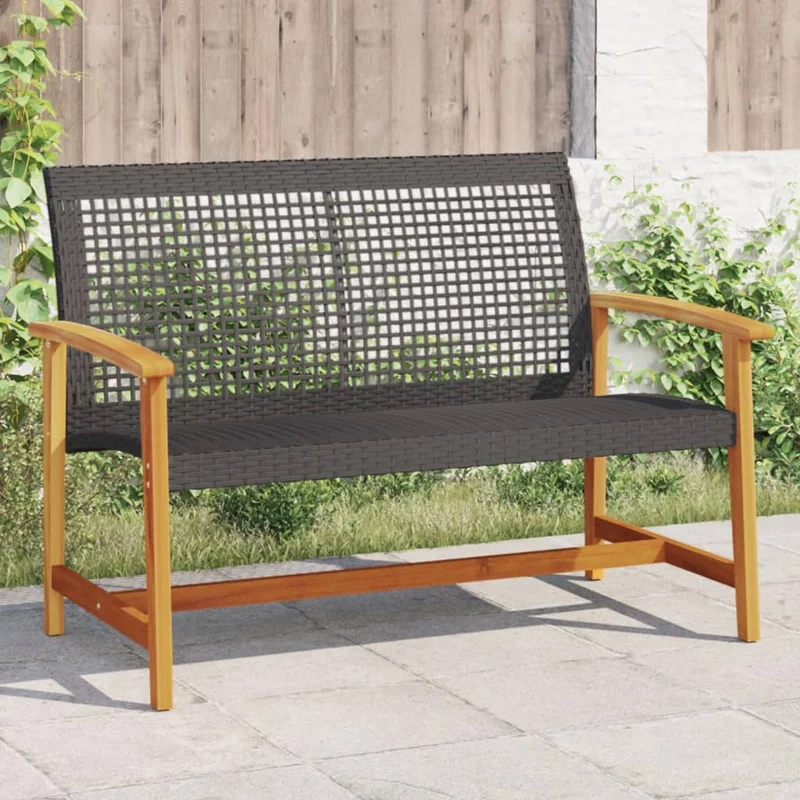 Garden Bench Black 112 cm Poly Rattan and Acacia Wood