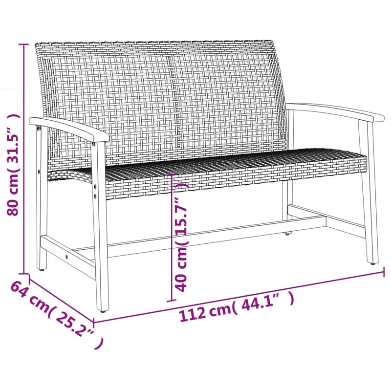 Garden Bench Black 112 cm Poly Rattan and Acacia Wood