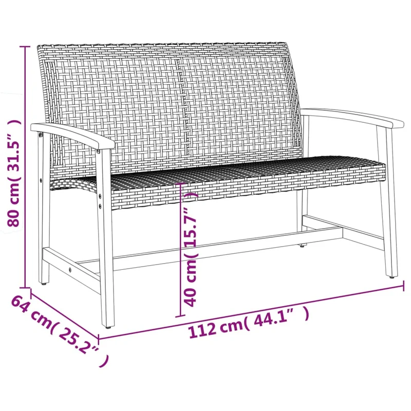 Garden Bench Grey 112 cm Poly Rattan and Acacia Wood