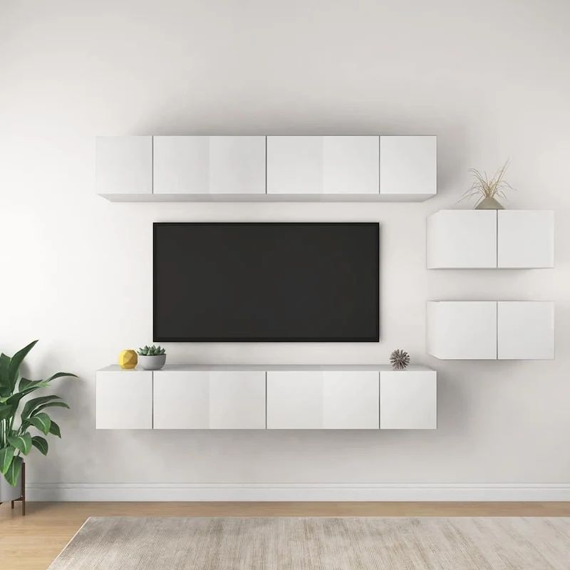 8 Piece Wall-mounted TV Cabinet Set White Engineered Wood