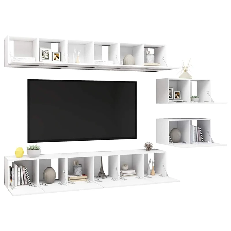 8 Piece Wall-mounted TV Cabinet Set White Engineered Wood