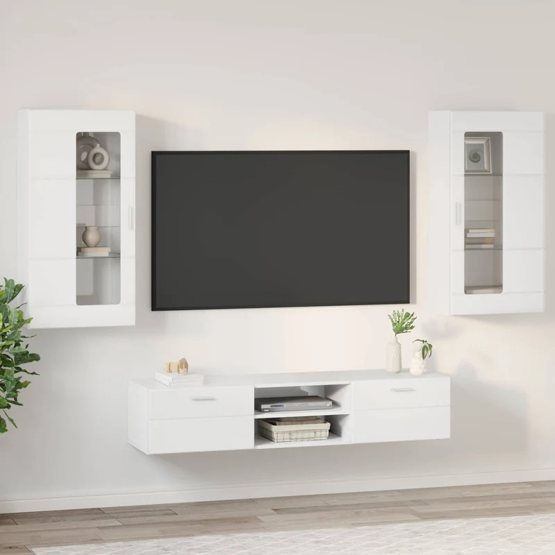 TV Cabinet Set FLORIN 3 pcs High Gloss White Engineered Wood