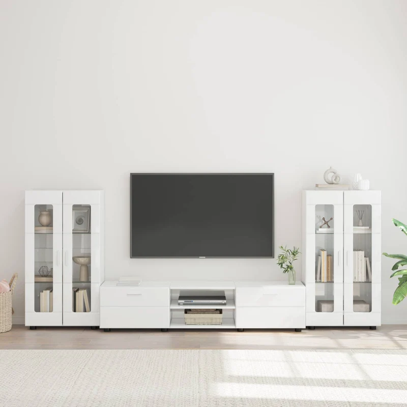 TV Cabinet Set FLORIN 3 pcs High Gloss White Engineered Wood