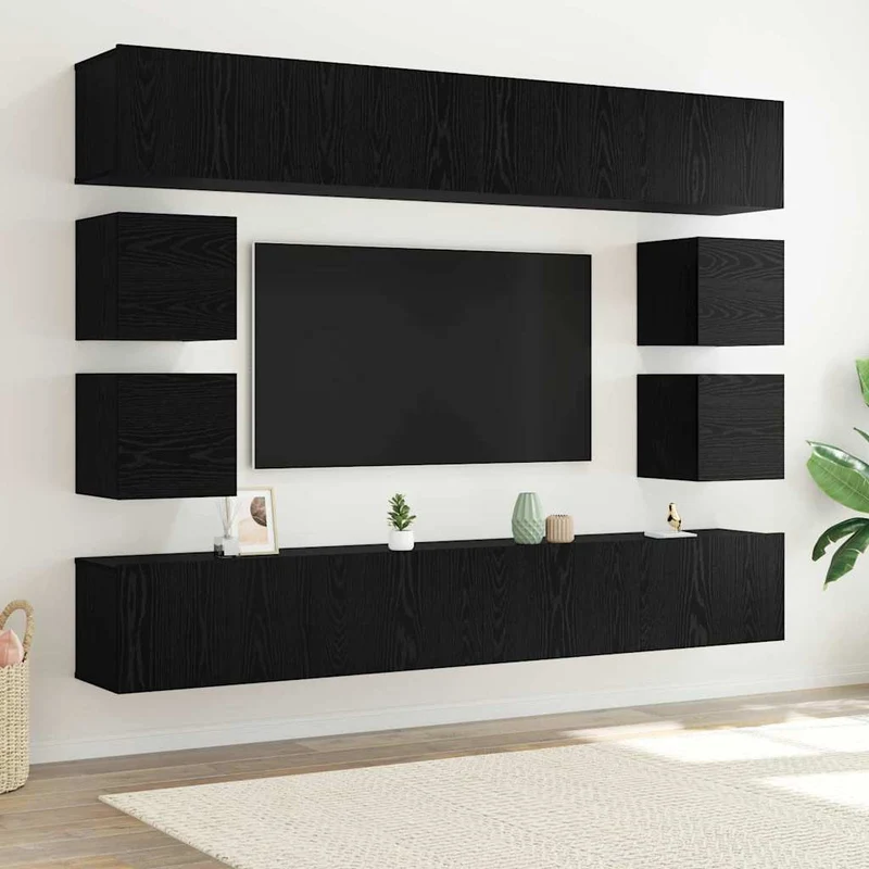 TV Cabinet Set 8 pcs Black Oak Engineered Wood