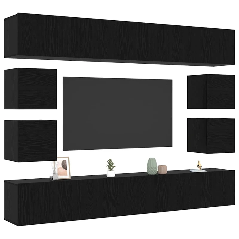 TV Cabinet Set 8 pcs Black Oak Engineered Wood